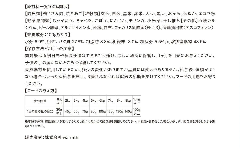 【原材料一覧100%開示】［肉魚類］鶏ささみ肉、焼きあご［雑穀類］玄米、白米、黒米、赤米、大豆、黒豆、おから、米ぬか、エゴマ粉［野菜果物類］じゃがいも、キャベツ、ごぼう、にんじん、モリンガ、小松菜、干し椎茸［その他］卵殻カルシウム、ビール酵母、アルカリイオン水、米麹、昆布、フェカリス乳酸菌（FK-23）海藻抽出物（アスコフィラン）【栄養成分：100gあたり】水分 6.9%、粗タンパク質 27.8%、粗脂肪 8.3%、粗繊維 3.0%、 粗灰分 3.0%、可溶無窒素物 48.5%【保存方法・使用上の注意】開封後は直射日光や多温多湿はできるだけ避け、涼しい場所に保管し、1ヶ月を目安にお与えください。子供の手の届かないところに保管してください。天然素材を使用しているため、多少の変化がありますが品質には変わりありません。給与後、体調がよくない場合はいったん給与を控え、改善されなければ獣医の診断を受けてください。フードの用途をお守りください。【フードの与え方】2kg-45g 3kg-60g 4kg-75g 5kg-90g 6kg-105g 7kg-120g 8kg-130g 9kg-140g 10kg以上-150g以上 ※年齢や体質、運動量により変化するため、愛犬にあわせて給与量を調節してください。※避妊・去勢をした場合は少しずつ給与量を減らしながら調節してください。販売業者：株式会社warmth