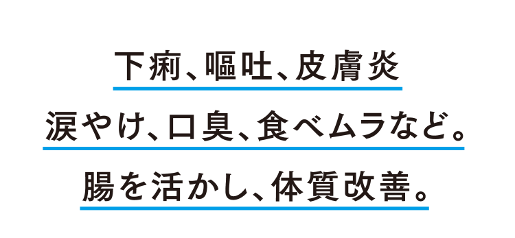 下痢、嘔吐、皮膚炎涙やけ、口臭、食べムラなど。腸を活かし、体質改善。