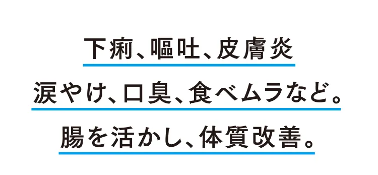 下痢、嘔吐、皮膚炎涙やけ、口臭、食べムラなど。腸を活かし、体質改善。