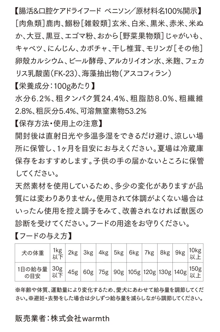 【腸活&口腔ケアドライフード ベニソン／原材料名100%開示】［肉魚類］鹿肉、鰯粉［雑穀類］玄米、白米、黒米、赤米、米ぬか、大豆、黒豆、エゴマ粉、おから［野菜果物類］じゃがいも、キャベツ、にんじん、カボチャ、干し椎茸、モリンガ［その他］卵殻カルシウム、ビール酵母、アルカリイオン水、米麹、フェカリス乳酸菌（FK-23）、海藻抽出物（アスコフィラン）【栄養成分：100gあたり】水分6.2%、粗タンパク質24.4%、粗脂肪8.0%、粗繊維2.8%、粗灰分5.4%、可溶無窒素物53.2%【保存方法・使用上の注意】開封後は直射日光や多温多湿をできるだけ避け、涼しい場所に保管し、1ヶ月を目安にお与えください。夏場は冷蔵庫保存をおすすめします。子供の手の届かないところに保管してください。天然素材を使用しているため、多少の変化がありますが品質には変わりありません。使用されて体調がよくない場合はいったん使用を控え調子をみて、改善されなければ獣医の診断を受けてください。フードの用途をお守りください。犬の体重1kg以下 1日の給与量の目安30g以下 2kg-45g 3kg-60g 4kg-75g 5kg-90g 6kg-105g 7kg-120g 8kg-130g 9kg-140g 10kg以上-150g以上 ※年齢や体質、運動量により変化するため、愛犬にあわせて給与量を調節してください。※避妊・去勢をした場合は少しずつ給与量を減らしながら調節してください。販売業者：株式会社warmth